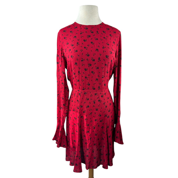 Reformation Red & Black Floral Print Mini Dress Bell Sleeve Ruffle Women's Large - Picture 3 of 16